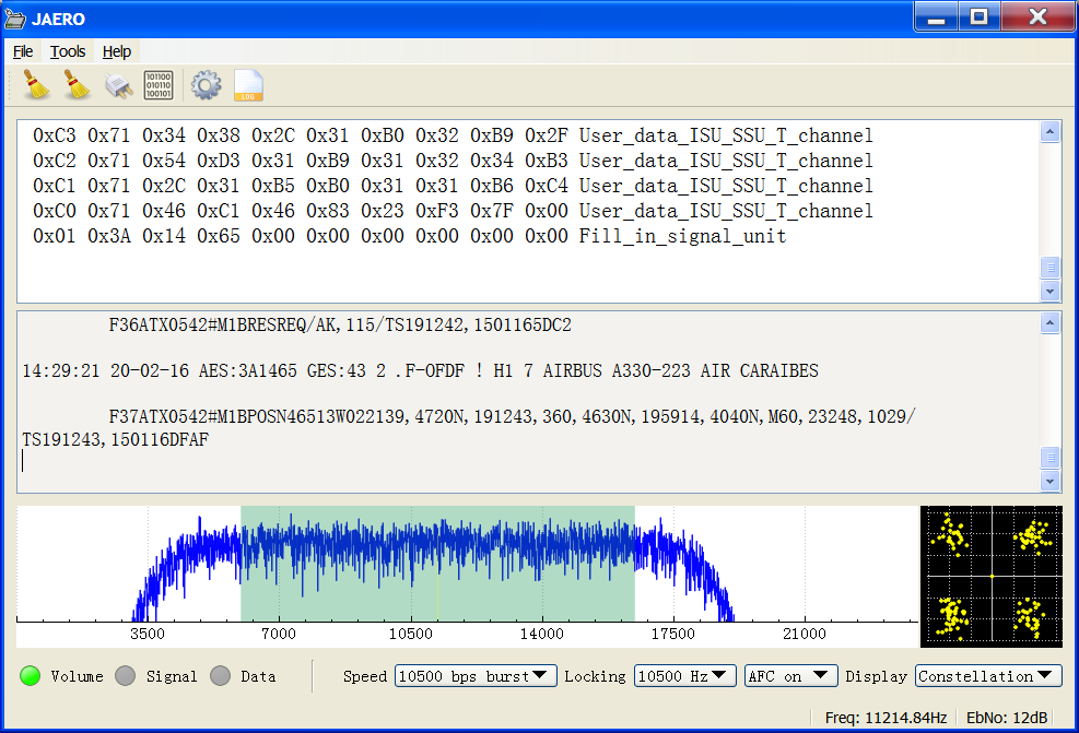 JAERO v1.0.4 demodulating and decoding T packets from the C-band